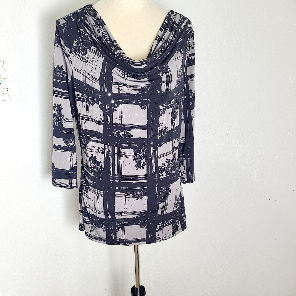 Style & Co. Black & Gray Patterned Blouse with Sparkly Sequins, Cowl Neck, Sz XL